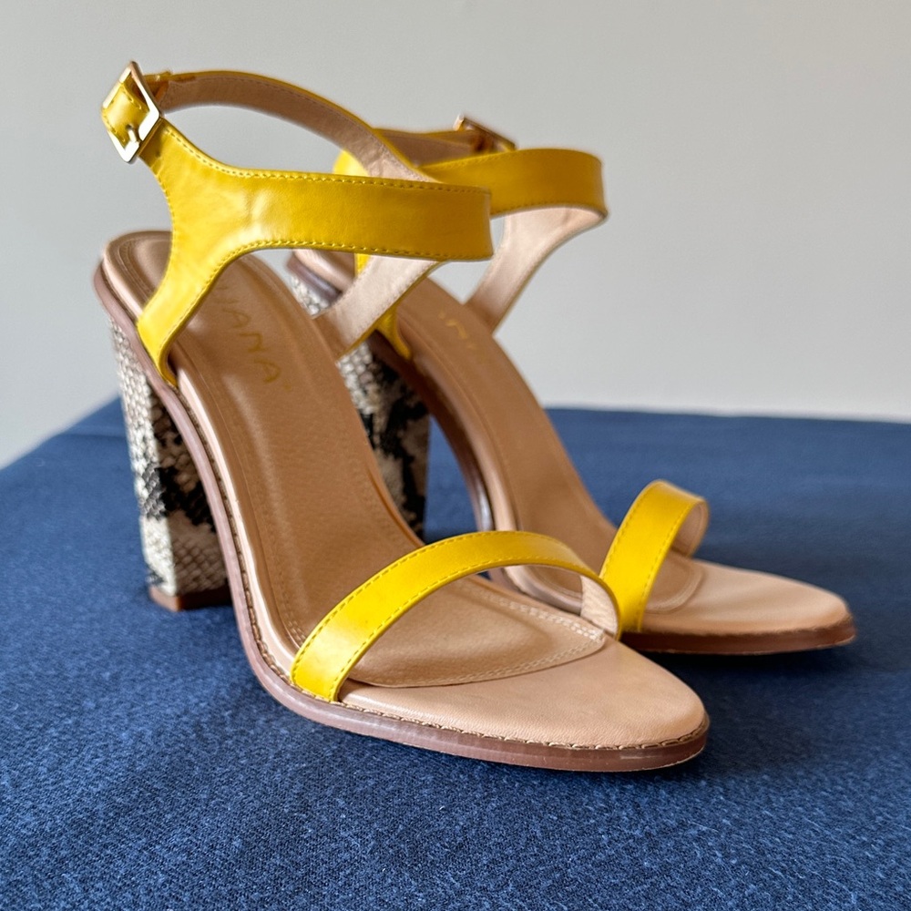 Liliana Yellow Strappy Heels with Patterned Block Heel